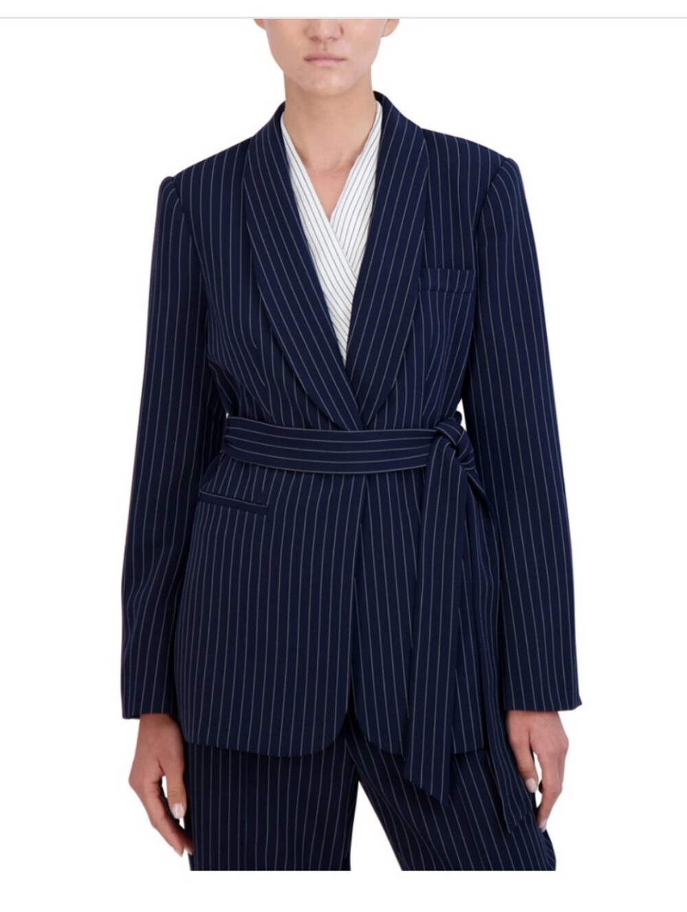 💖 BCBG NEW YORK Women's Pinstripe Belted Blazer